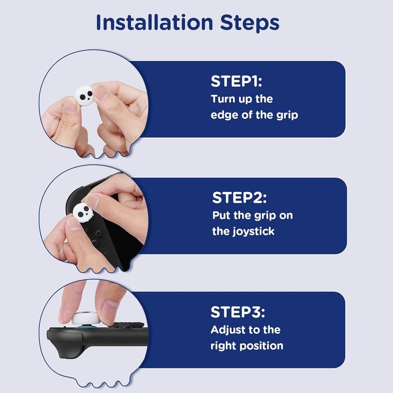 Jemdo Thumb Grips & Button Caps Set Compatible with Nintendo Switch 2 (2025) – 7pcs Black/White Skull Silicone Joystick Caps and Button Covers, Comfortable Controller Stick Gifts for Kids & Gamers - Image 3